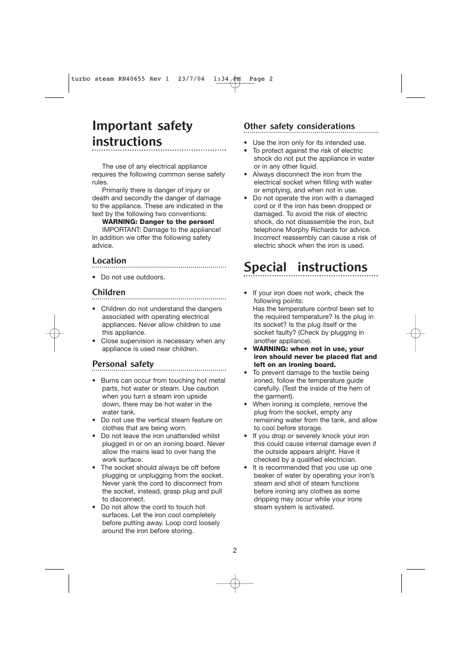 Important safety instructions, Special instructions | Morphy Richards RN40655 User Manual | Page 2 / 7