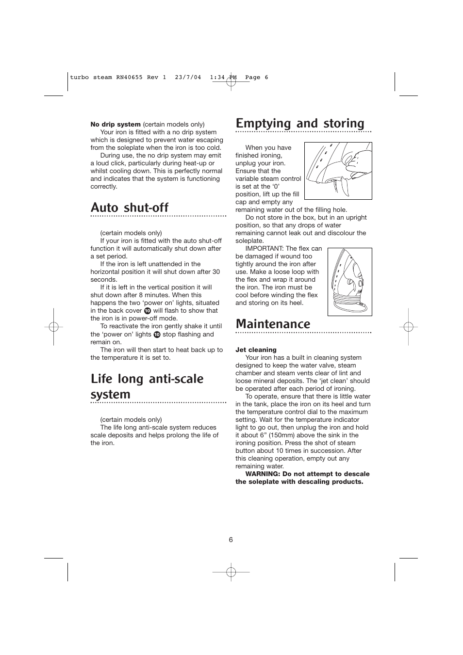 Auto shut-off, Life long anti-scale system, Emptying and storing | Maintenance | Morphy Richards RN40655 User Manual | Page 5 / 7