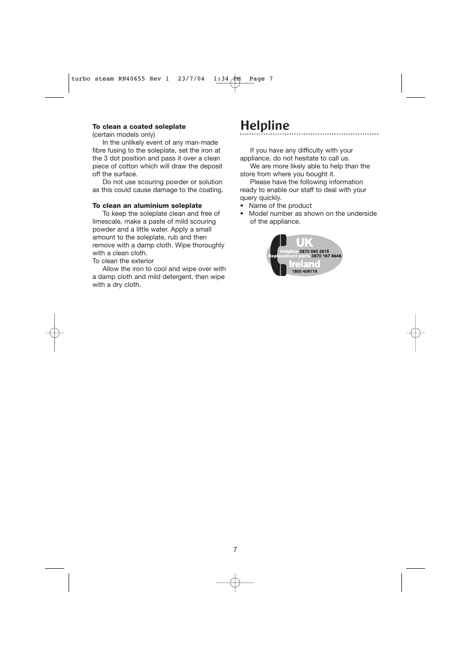 Helpline | Morphy Richards RN40655 User Manual | Page 6 / 7
