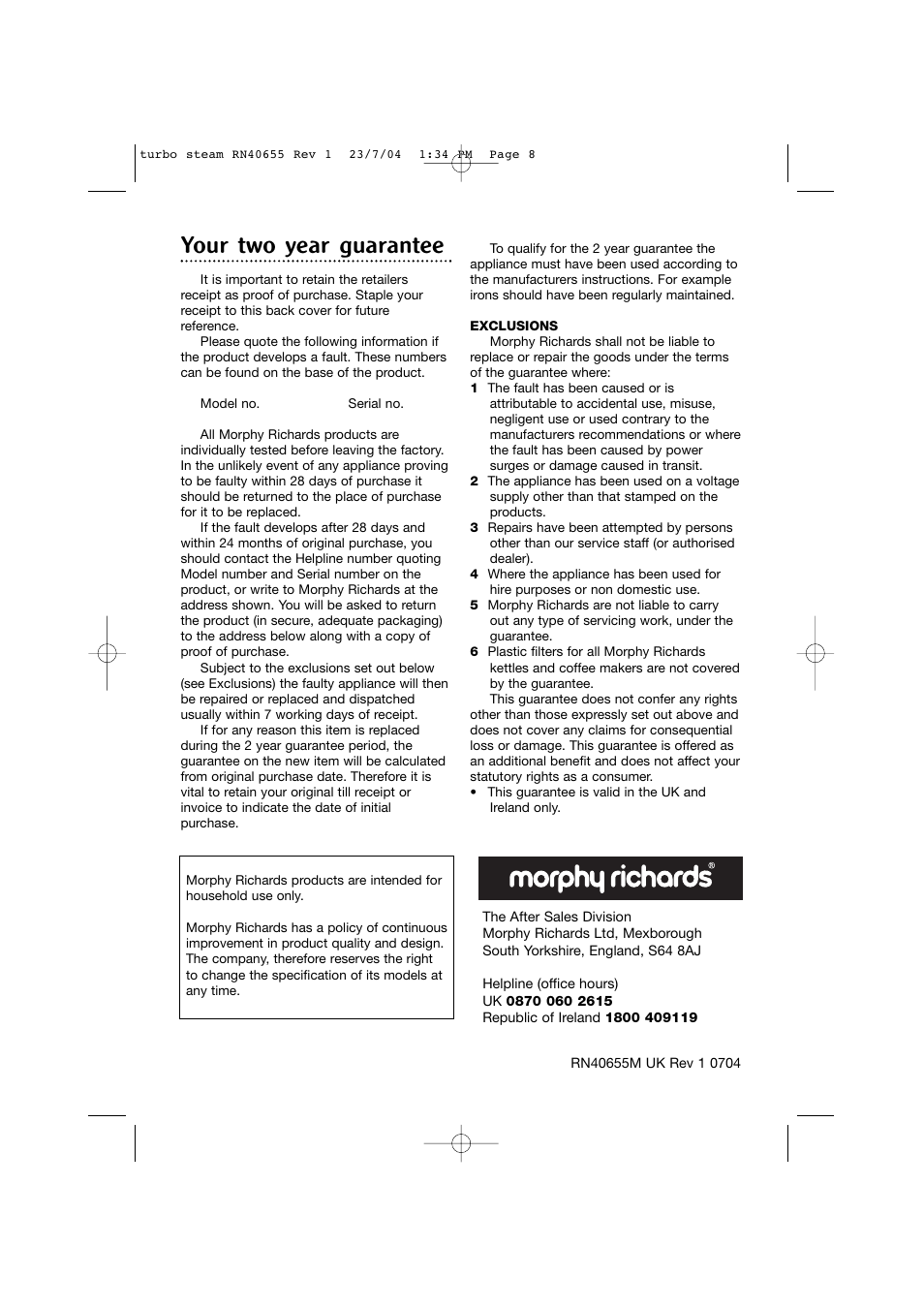 Your two year guarantee | Morphy Richards RN40655 User Manual | Page 7 / 7