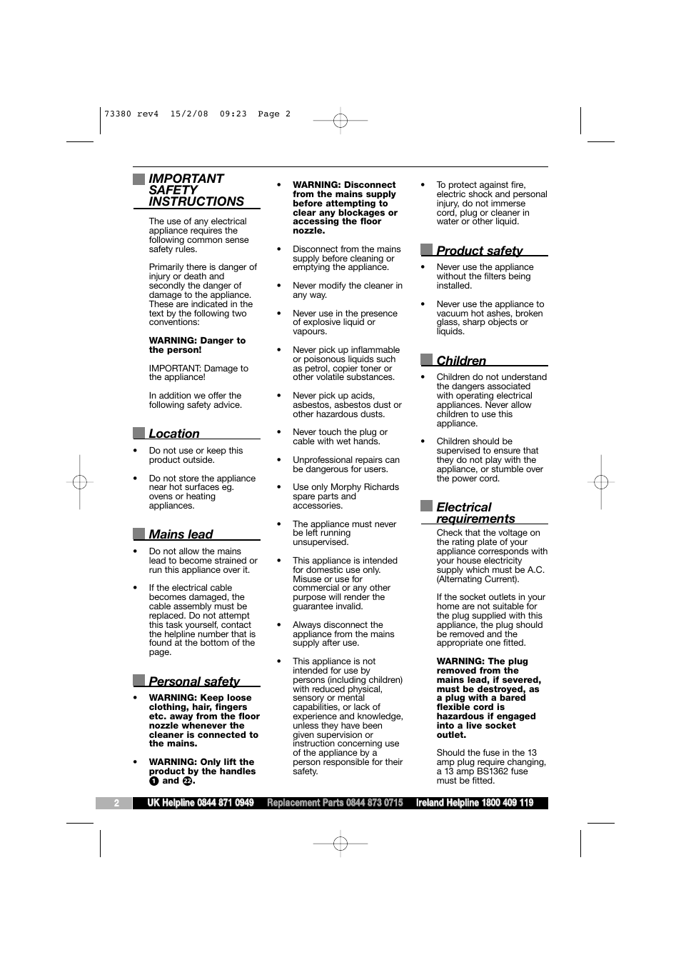 Important safety instructions, Location, Mains lead | Personal safety, Product safety, Children, Electrical requirements | Morphy Richards 73380 User Manual | Page 2 / 8