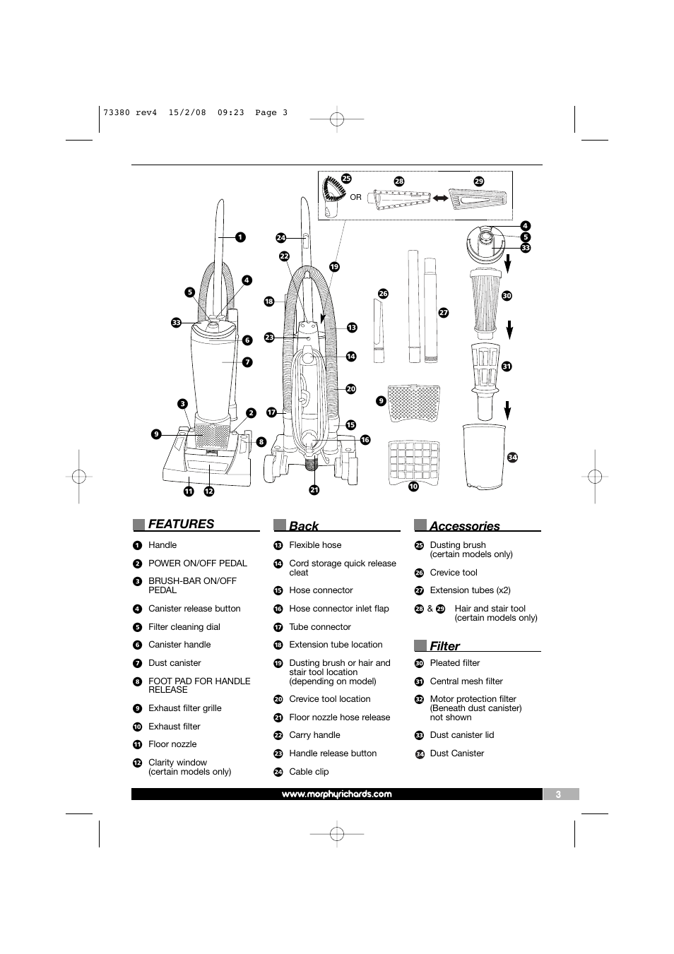 Features, Back, Accessories | Filter | Morphy Richards 73380 User Manual | Page 3 / 8