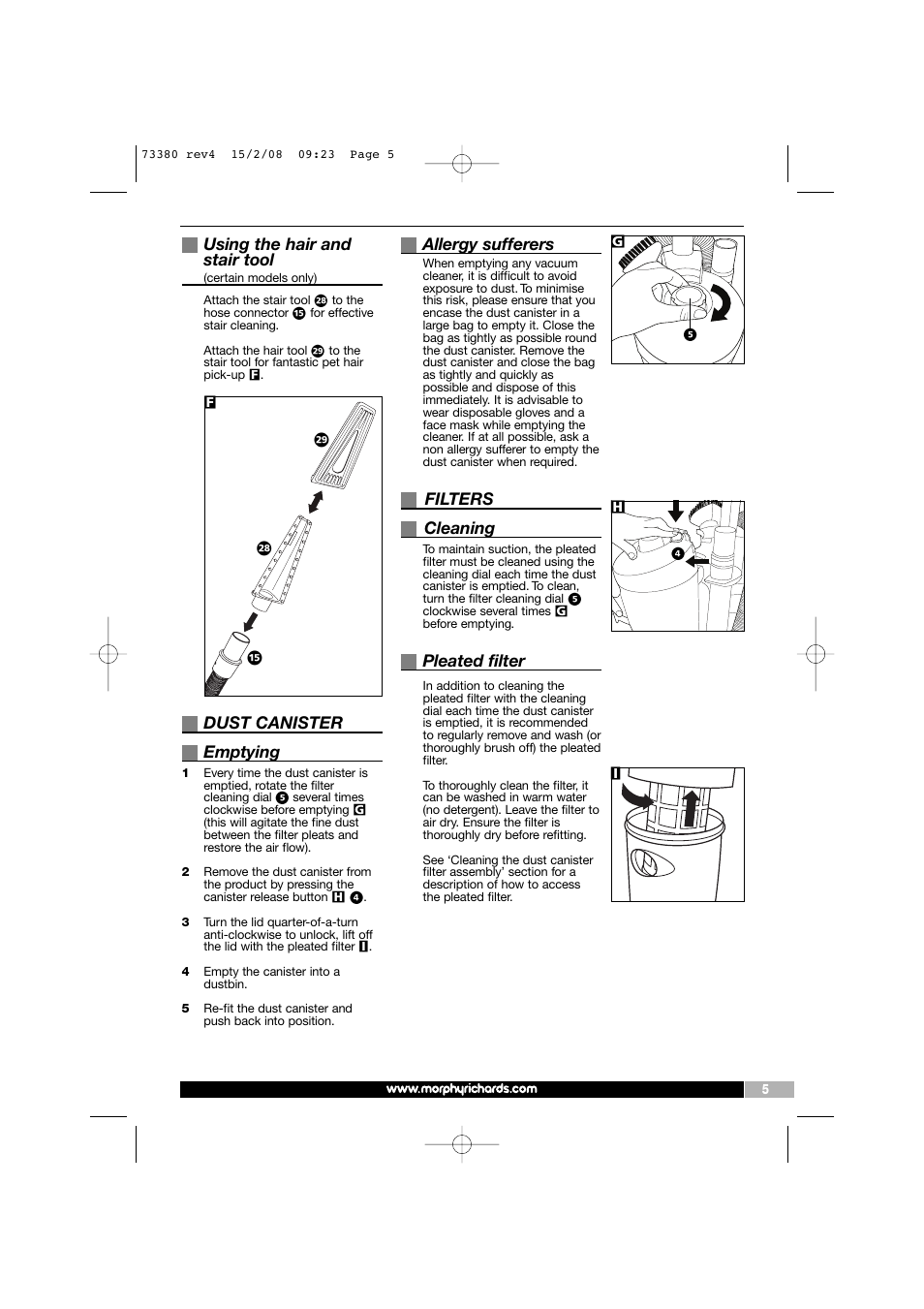 Using the hair and stair tool, Dust canister emptying, Allergy sufferers | Filters cleaning, Pleated filter | Morphy Richards 73380 User Manual | Page 5 / 8