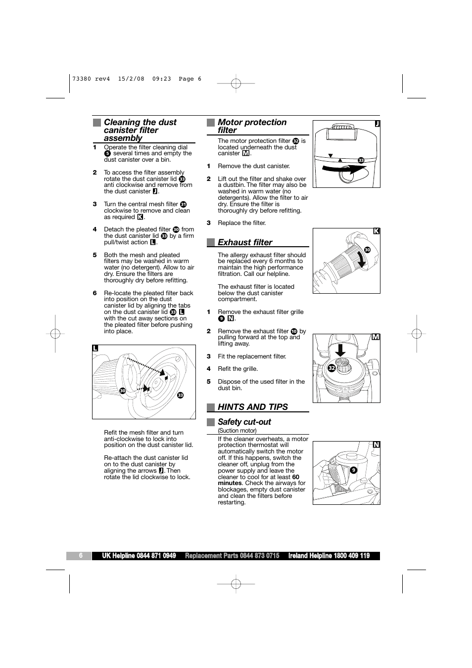 Cleaning the dust canister filter assembly, Motor protection filter, Exhaust filter | Hints and tips safety cut-out | Morphy Richards 73380 User Manual | Page 6 / 8