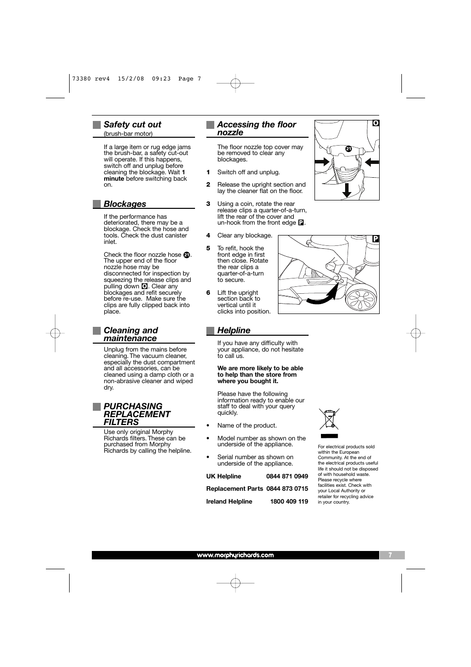 Safety cut out, Blockages, Cleaning and maintenance | Purchasing replacement filters, Accessing the floor nozzle, Helpline | Morphy Richards 73380 User Manual | Page 7 / 8