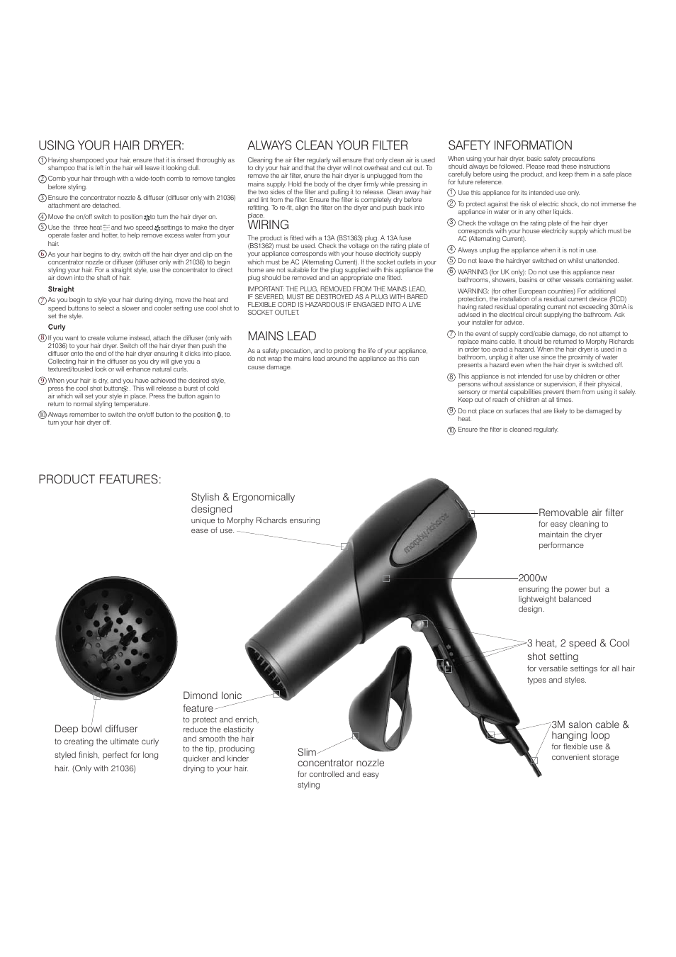 Using your hair dryer, Always clean your filter, Wiring | Mains lead, Safety information, Product features | Morphy Richards 21035 User Manual | Page 2 / 2