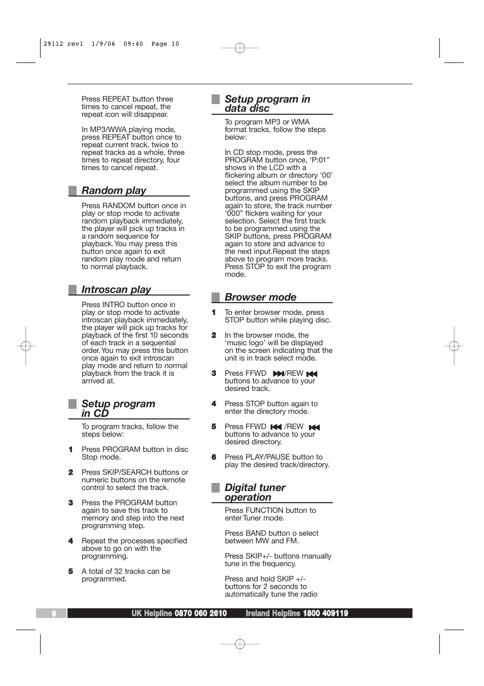 Random play, Introscan play, Setup program in cd | Setup program in data disc, Browser mode, Digital tuner operation | Morphy Richards AD29112 User Manual | Page 10 / 20