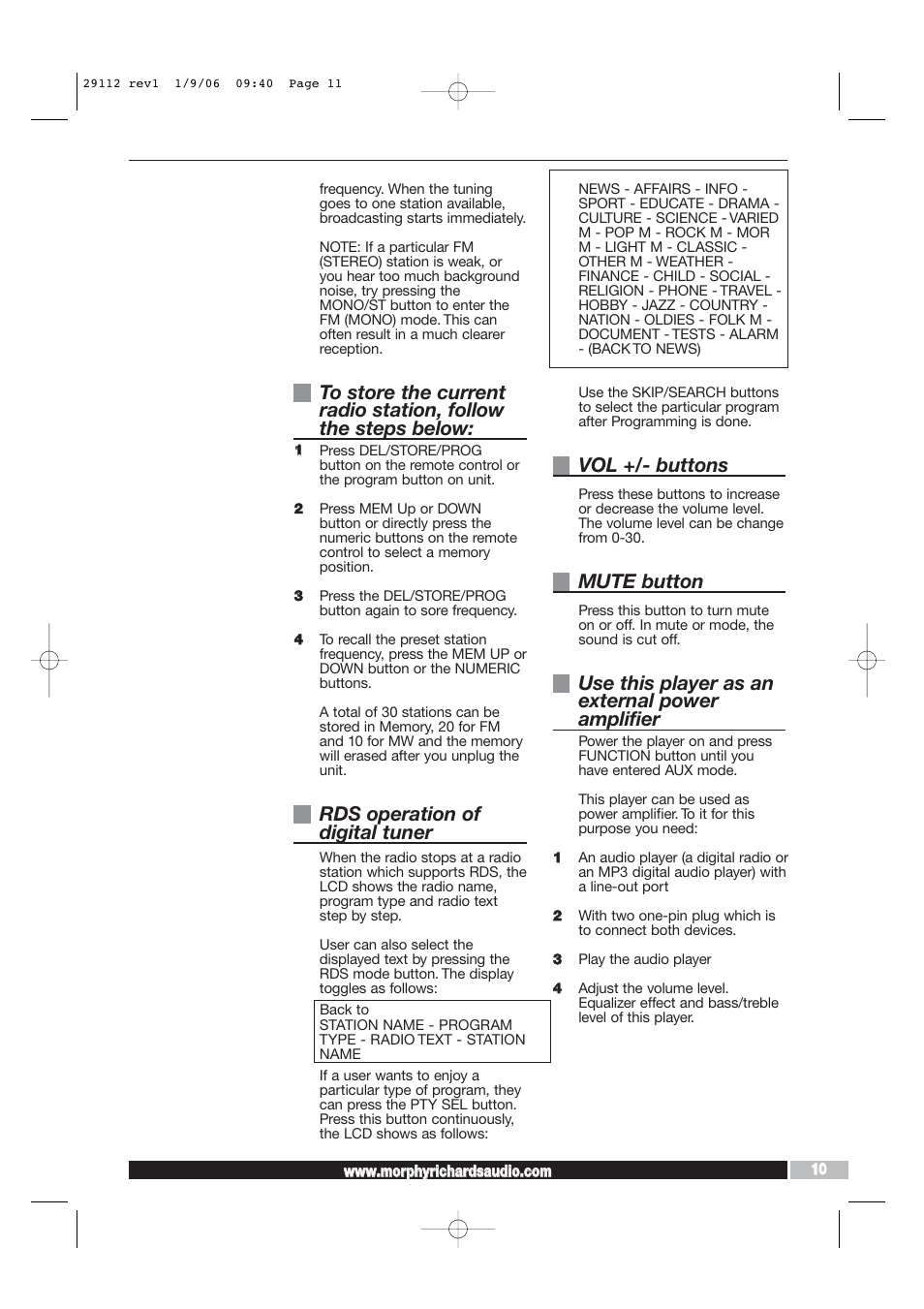 Rds operation of digital tuner, Vol +/- buttons, Mute button | Use this player as an external power amplifier | Morphy Richards AD29112 User Manual | Page 11 / 20