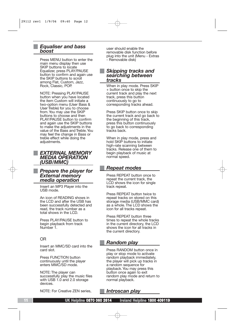 Equaliser and bass boost, Skipping tracks and searching between tracks, Repeat modes | Random play, Introscan play | Morphy Richards AD29112 User Manual | Page 12 / 20