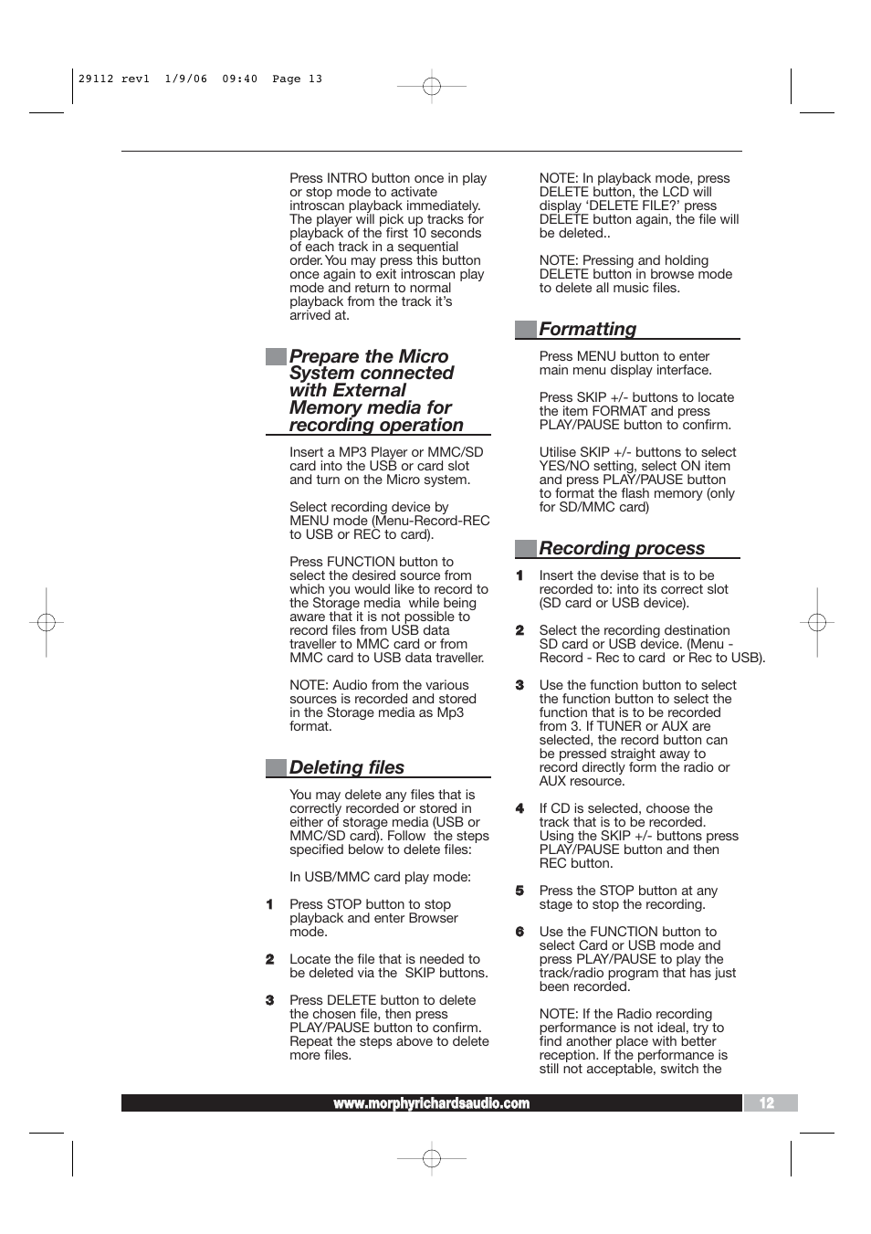 Deleting files, Formatting, Recording process | Morphy Richards AD29112 User Manual | Page 13 / 20