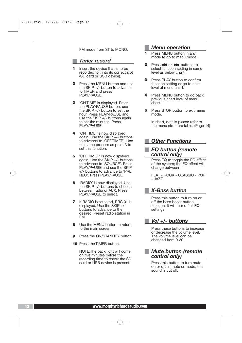 Timer record, Other functions eq button (remote control only), X-bass button | Vol +/- buttons, Mute button (remote control only), Menu operation | Morphy Richards AD29112 User Manual | Page 14 / 20