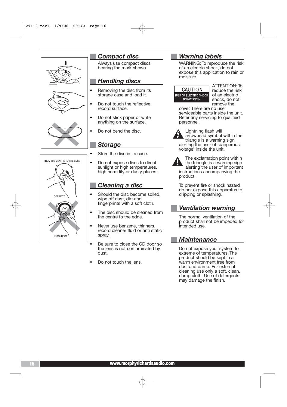 Compact disc, Handling discs, Storage | Cleaning a disc, Warning labels, Ventilation warning, Maintenance | Morphy Richards AD29112 User Manual | Page 16 / 20