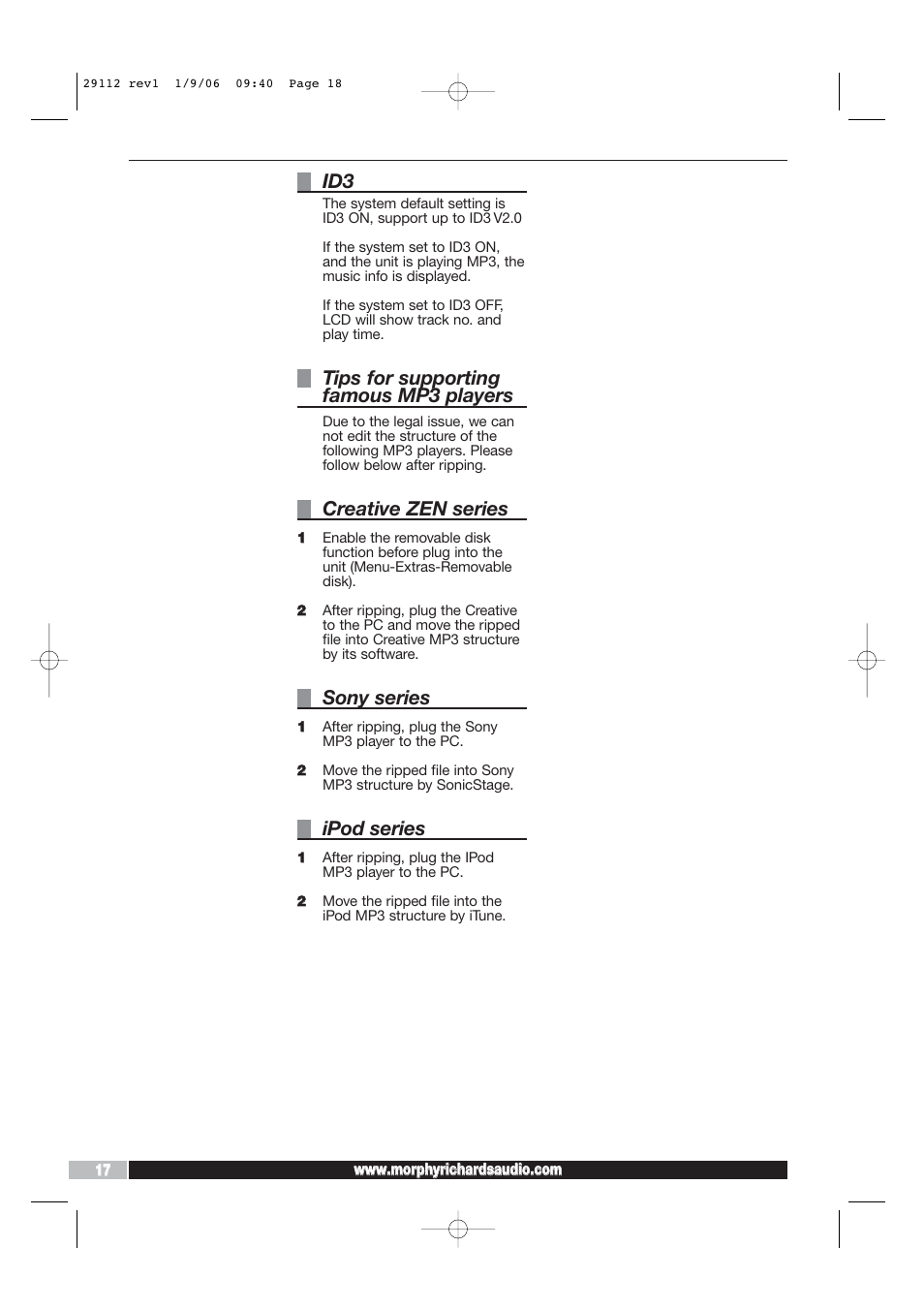 Tips for supporting, Creative zen series, Sony series | Ipod series, Famous mp3 players | Morphy Richards AD29112 User Manual | Page 18 / 20