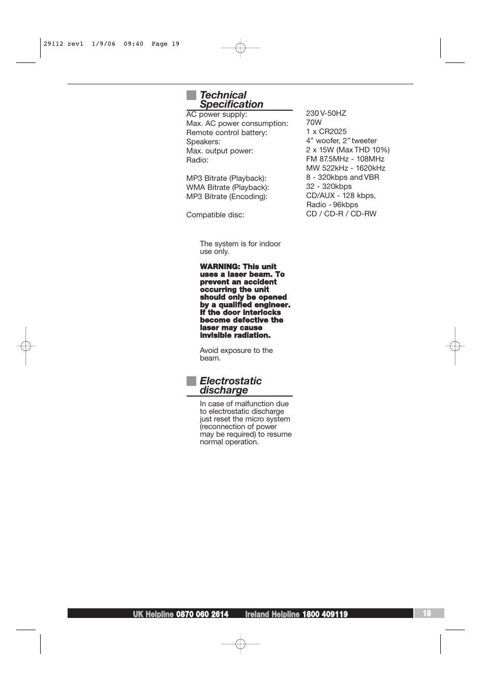 Technical specification, Electrostatic discharge | Morphy Richards AD29112 User Manual | Page 19 / 20