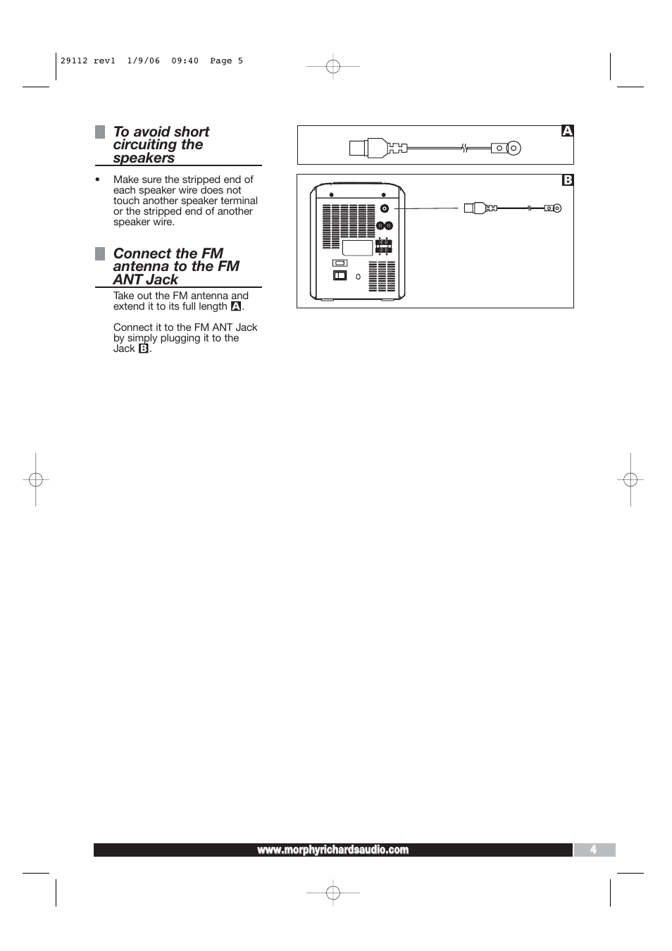 Connect the fm antenna to the fm ant jack | Morphy Richards AD29112 User Manual | Page 5 / 20