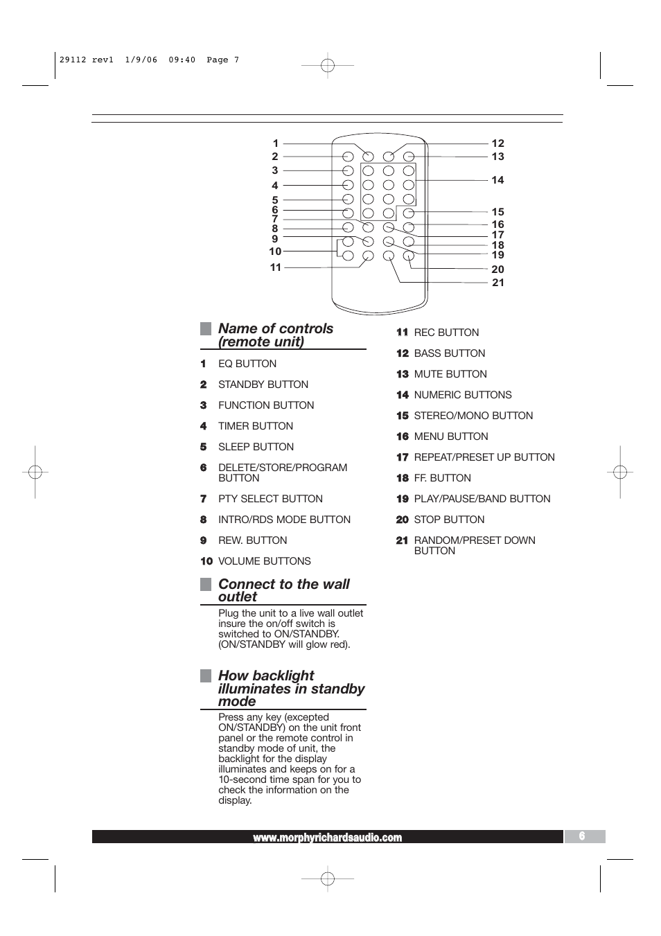 Name of controls (remote unit), Connect to the wall outlet, How backlight illuminates in standby mode | Morphy Richards AD29112 User Manual | Page 7 / 20