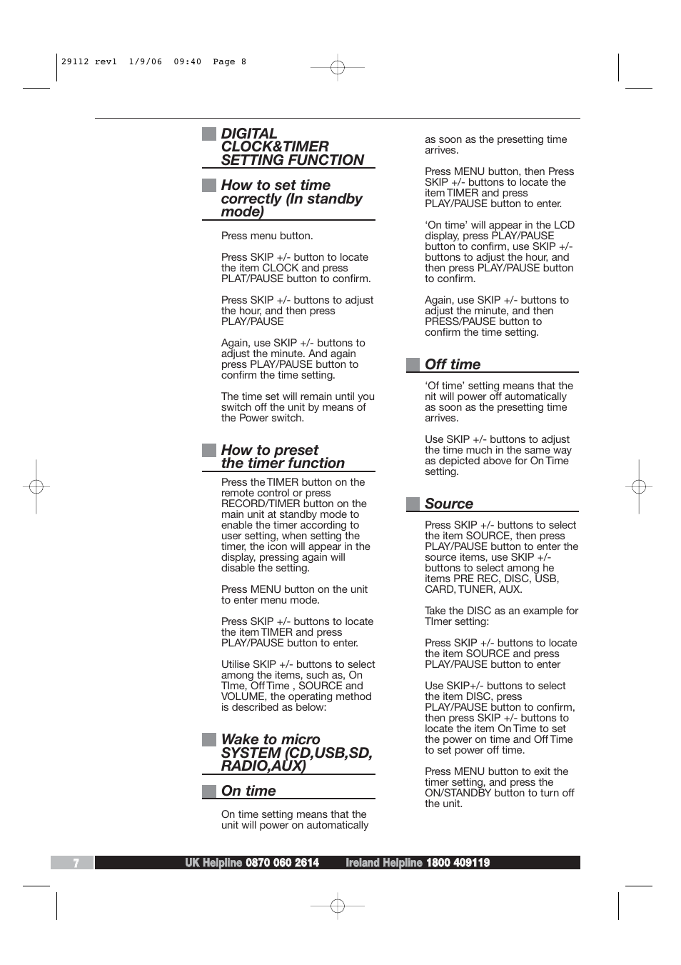 How to preset the timer function, Off time, Source | Morphy Richards AD29112 User Manual | Page 8 / 20