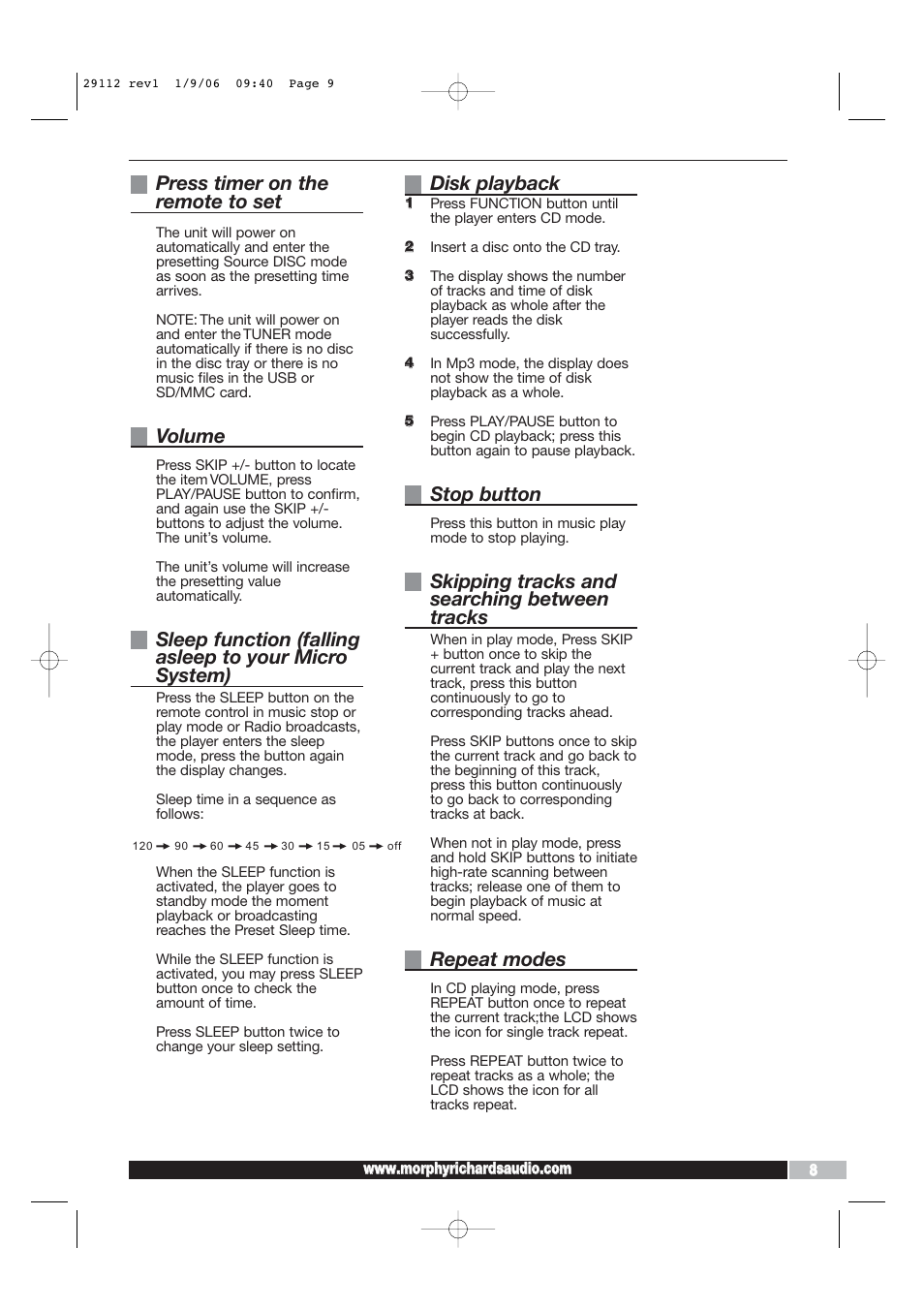 Press timer on the remote to set, Volume, Disk playback | Stop button, Skipping tracks and searching between tracks, Repeat modes | Morphy Richards AD29112 User Manual | Page 9 / 20