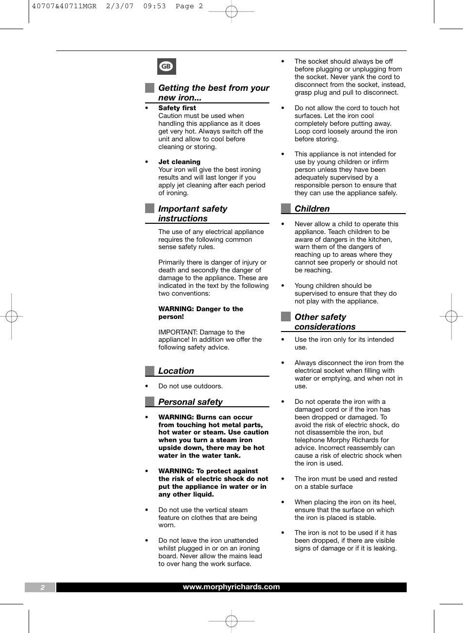 Morphy Richards Comfigrip iron steam spray shot User Manual | Page 2 / 16