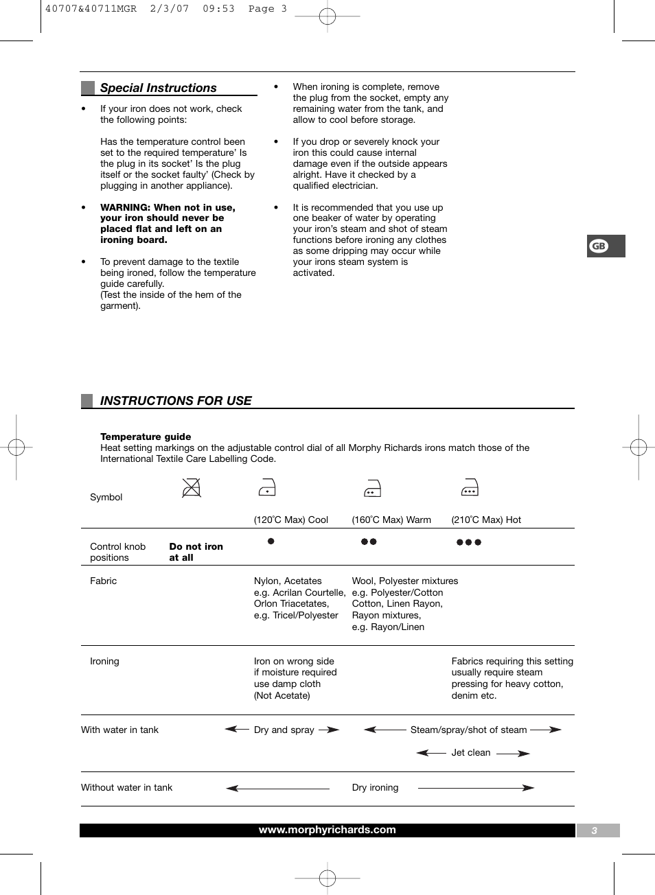 Special instructions, Instructions for use | Morphy Richards Comfigrip iron steam spray shot User Manual | Page 3 / 16
