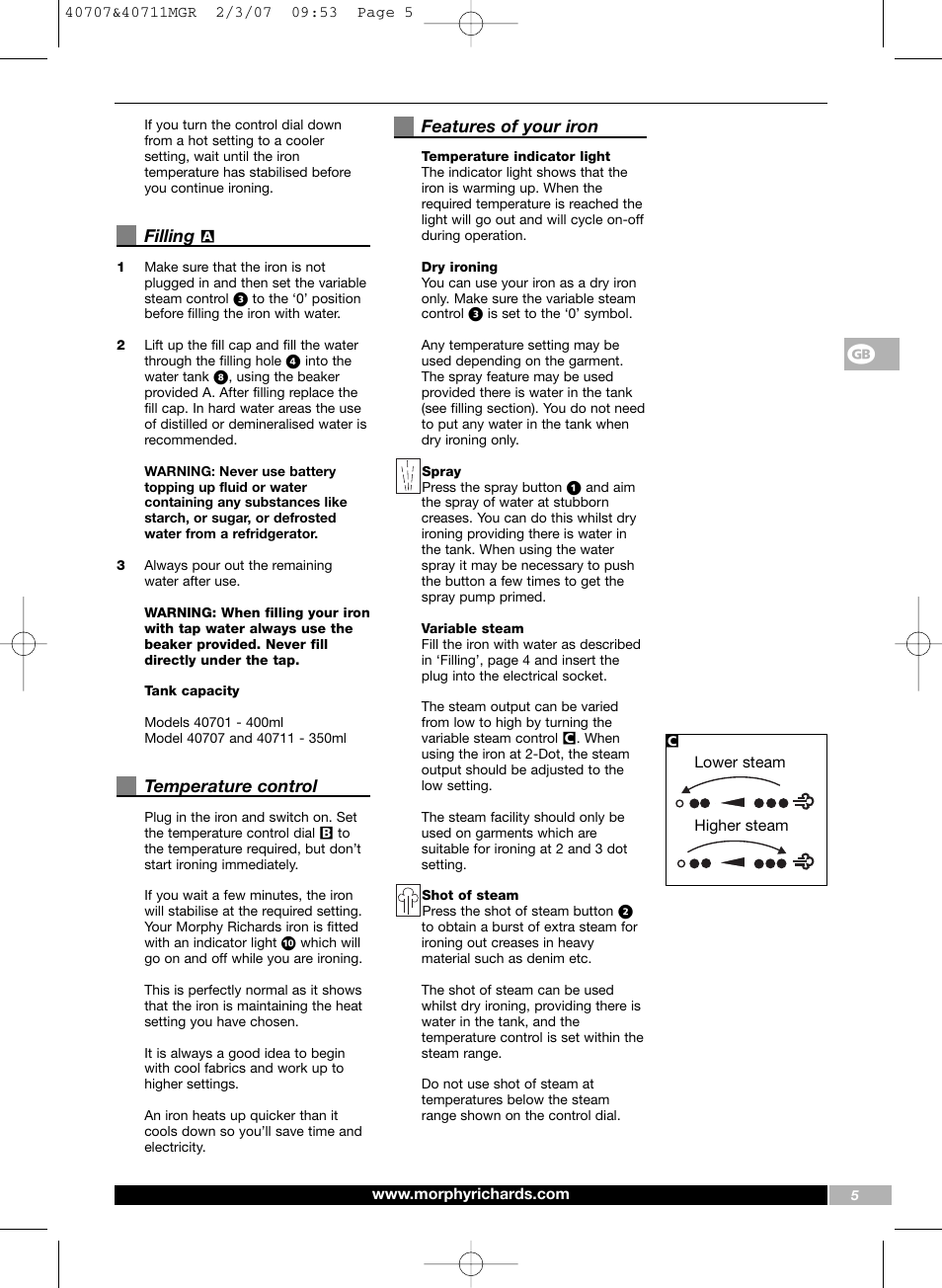 Filling, Temperature control, Features of your iron | Morphy Richards Comfigrip iron steam spray shot User Manual | Page 5 / 16
