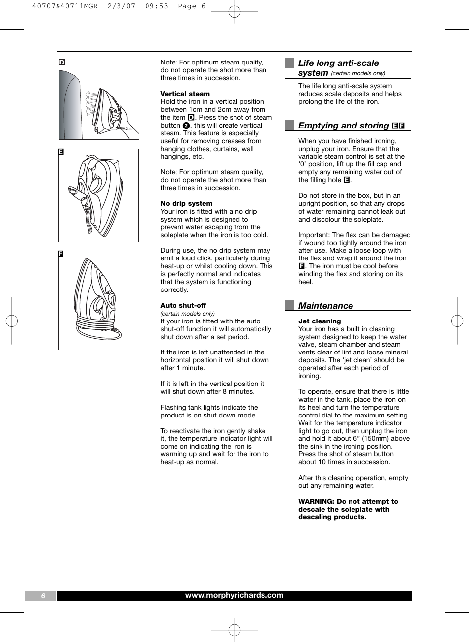Life long anti-scale system, Emptying and storing, Maintenance | Morphy Richards Comfigrip iron steam spray shot User Manual | Page 6 / 16