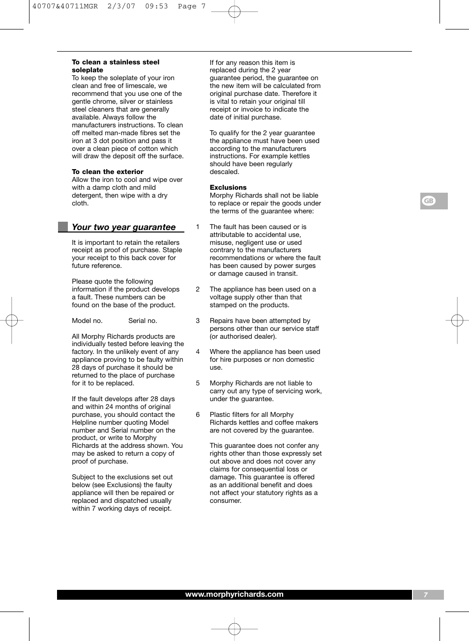 Your two year guarantee | Morphy Richards Comfigrip iron steam spray shot User Manual | Page 7 / 16