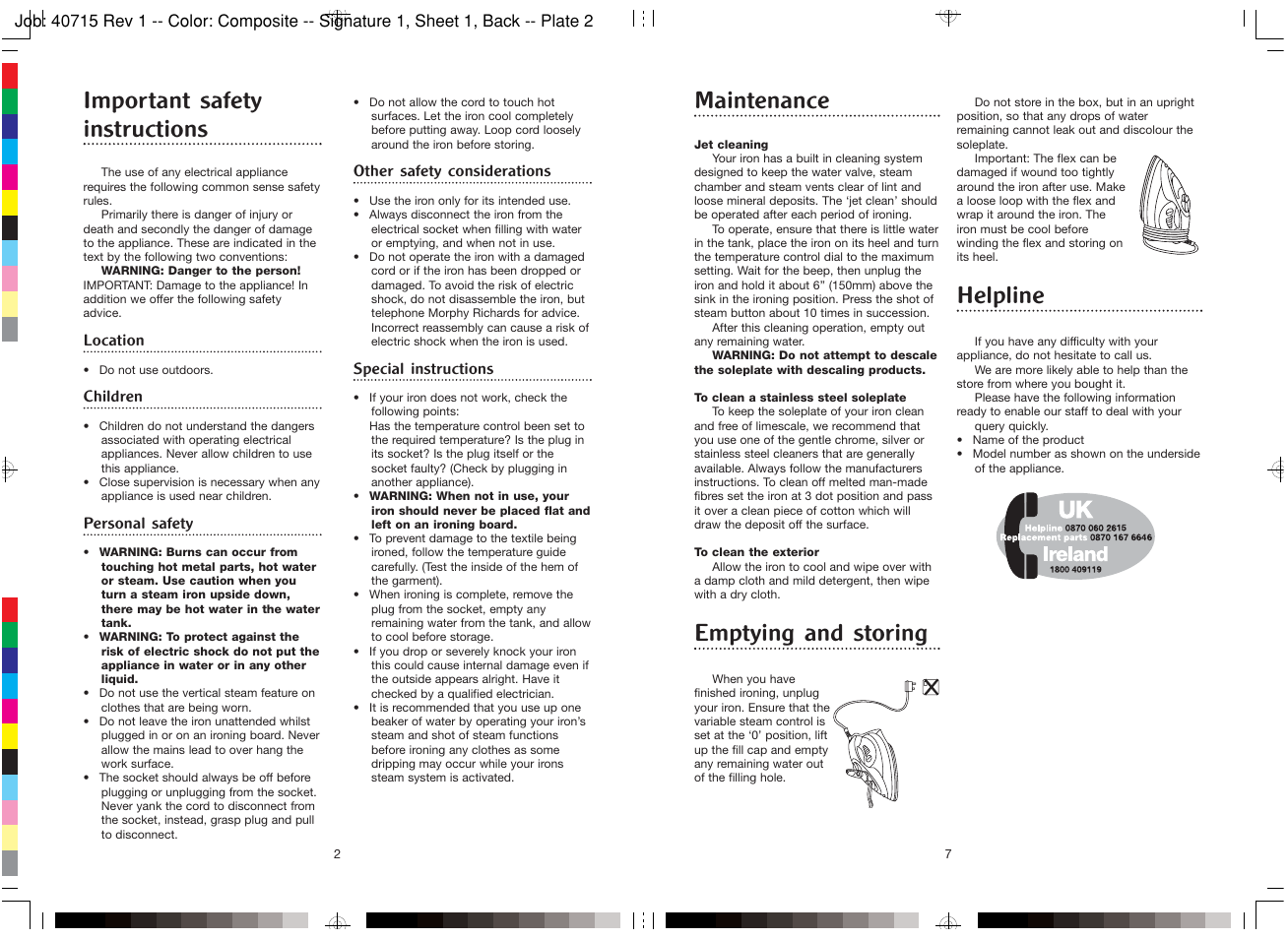 Important safety instructions, Maintenance, Emptying and storing | Helpline | Morphy Richards Semi-electronic iron User Manual | Page 2 / 4