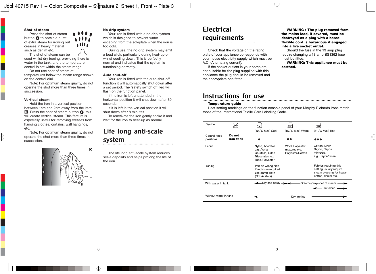 Life long anti-scale system, Electrical requirements, Instructions for use | Morphy Richards Semi-electronic iron User Manual | Page 3 / 4