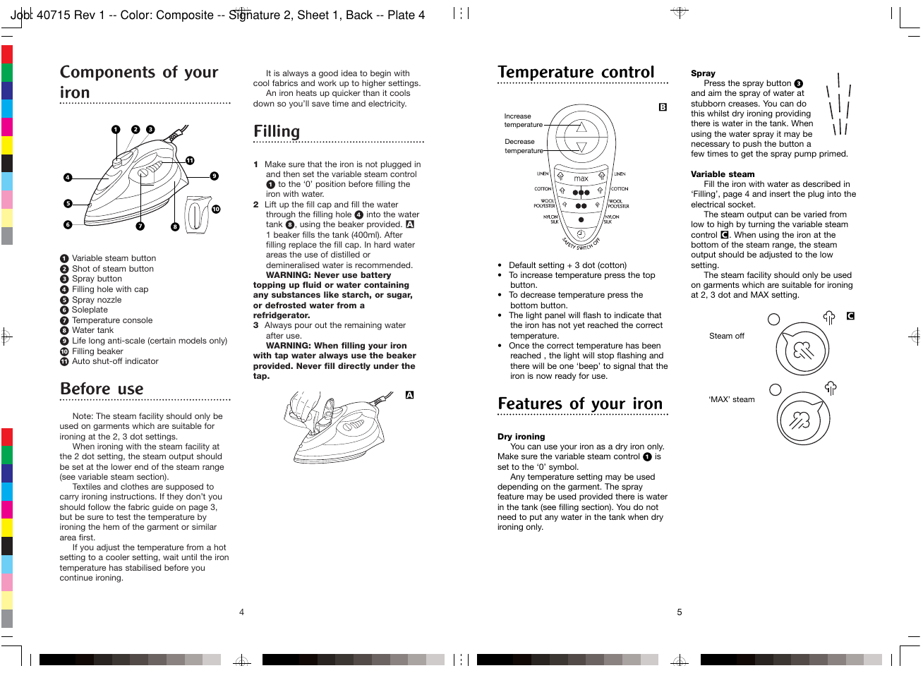 Components of your iron, Before use, Filling | Temperature control, Features of your iron | Morphy Richards Semi-electronic iron User Manual | Page 4 / 4