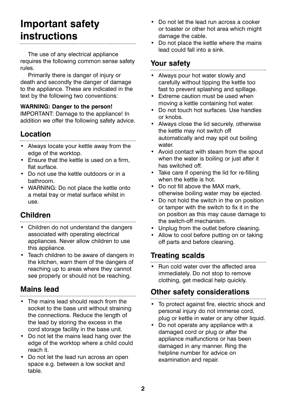 Important safety instructions, Location, Children | Mains lead, Your safety, Treating scalds, Other safety considerations | Morphy Richards Reflect glass kettle User Manual | Page 2 / 6