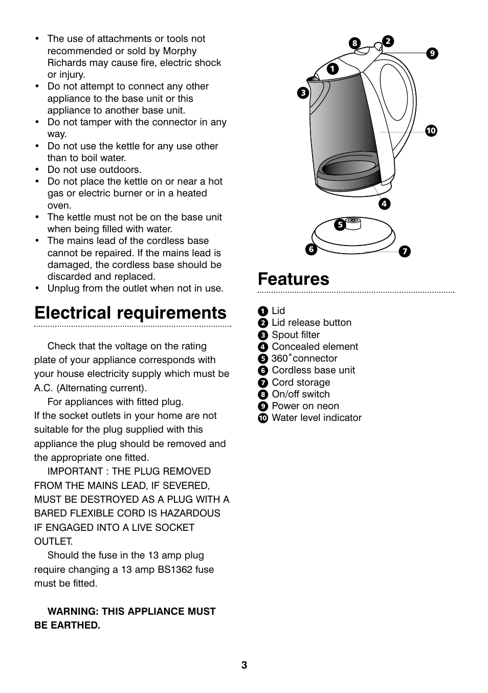 Electrical requirements, Features | Morphy Richards Reflect glass kettle User Manual | Page 3 / 6