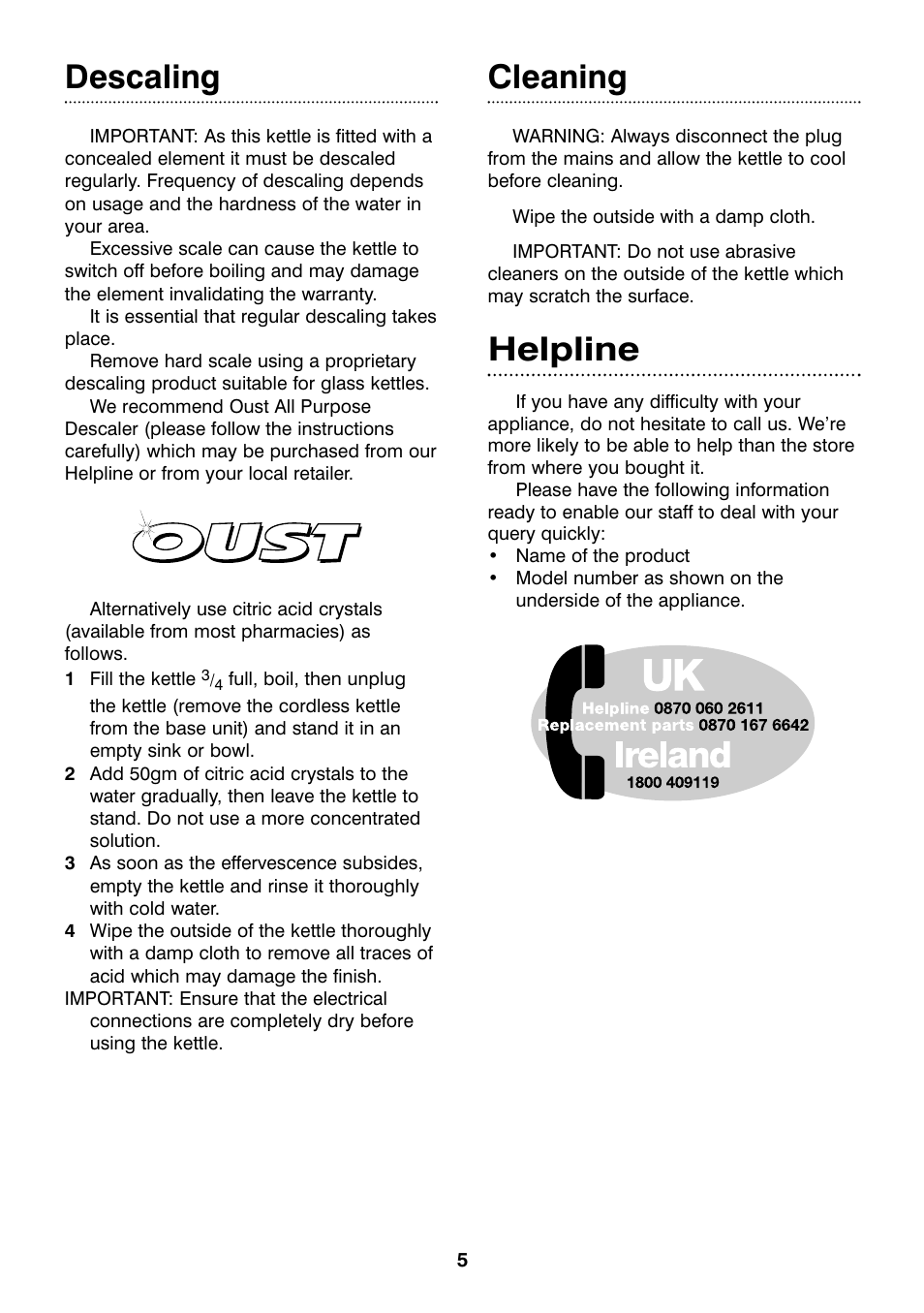 Descaling, Cleaning, Helpline | Morphy Richards Reflect glass kettle User Manual | Page 5 / 6