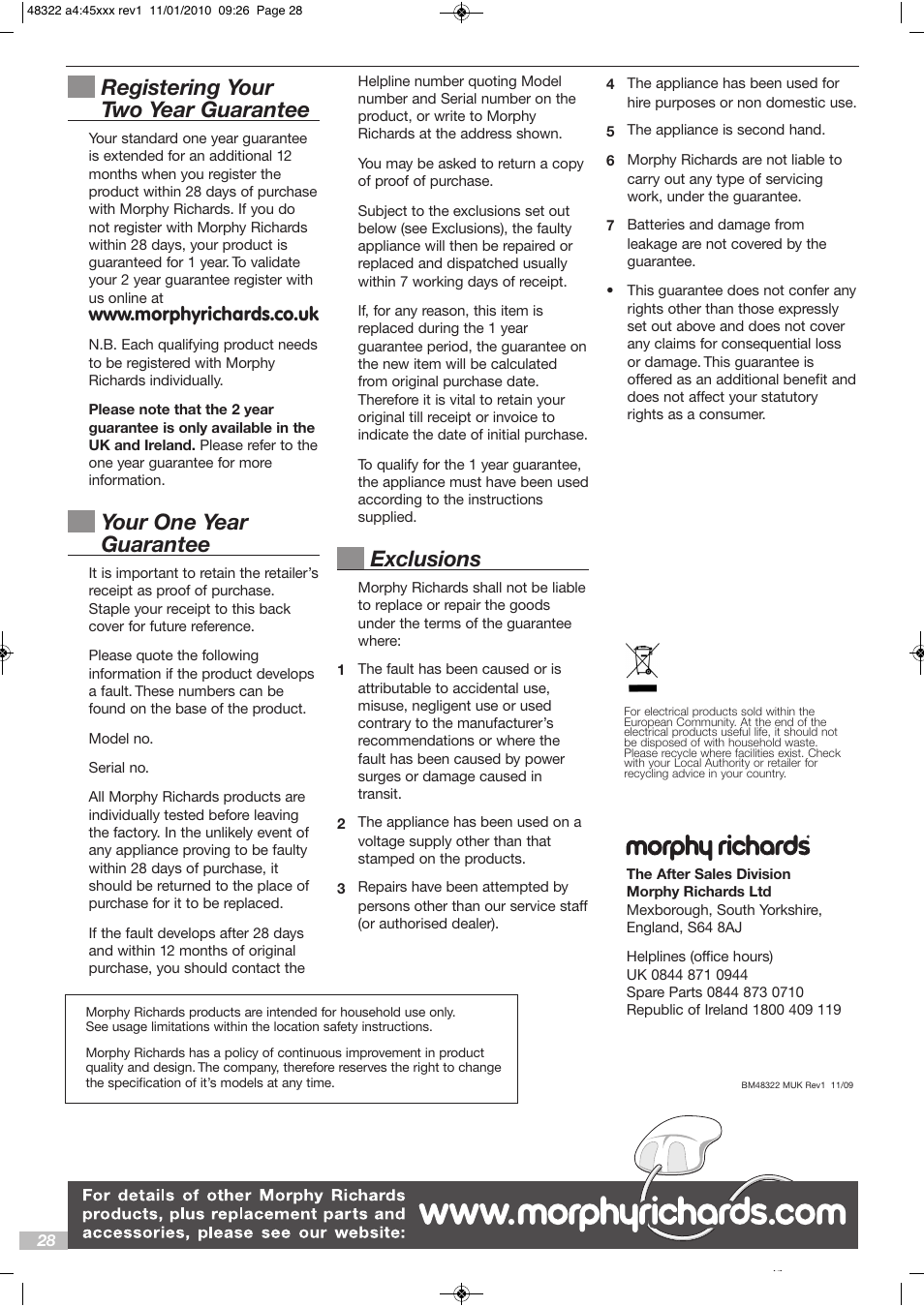 Registering your two year guarantee, Your one year guarantee, Exclusions | Morphy Richards BM48322 User Manual | Page 28 / 28