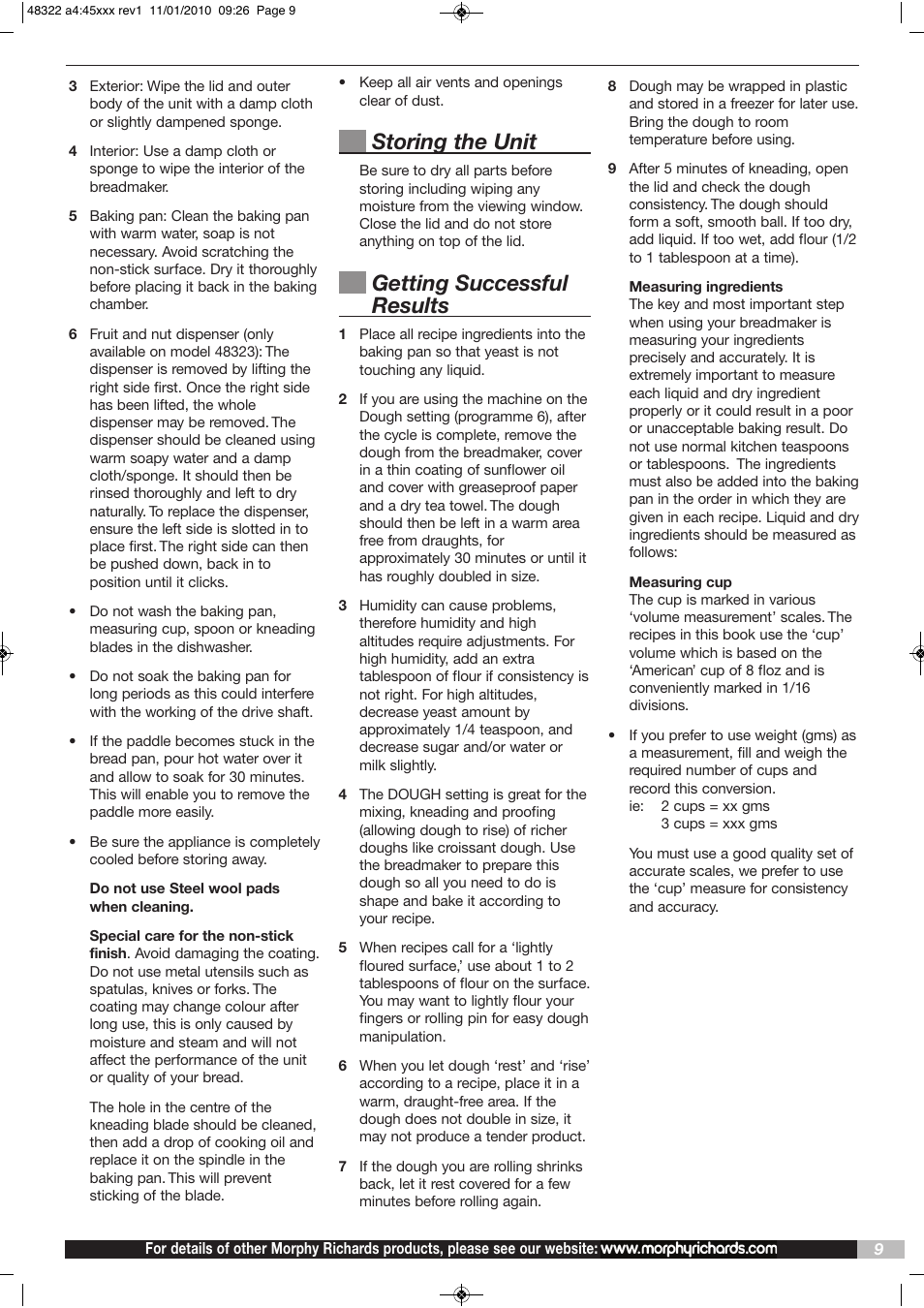 Storing the unit, Getting successful results | Morphy Richards BM48322 User Manual | Page 9 / 28