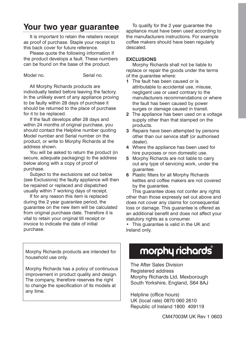 Your two year guarantee | Morphy Richards Cafe Rico Espresso coffee maker User Manual | Page 10 / 10