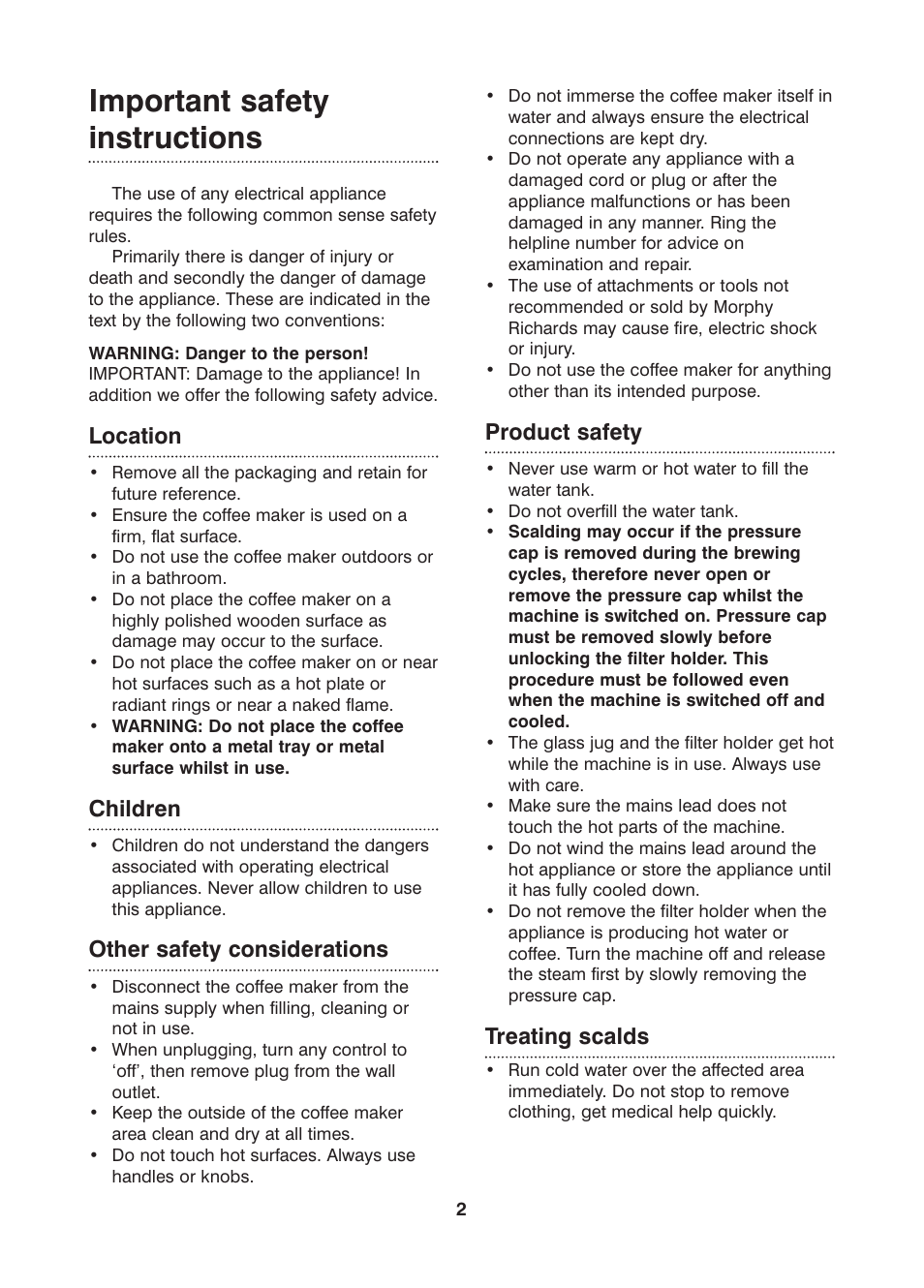 Important safety instructions, Location, Children | Other safety considerations, Product safety, Treating scalds | Morphy Richards Cafe Rico Espresso coffee maker User Manual | Page 2 / 10