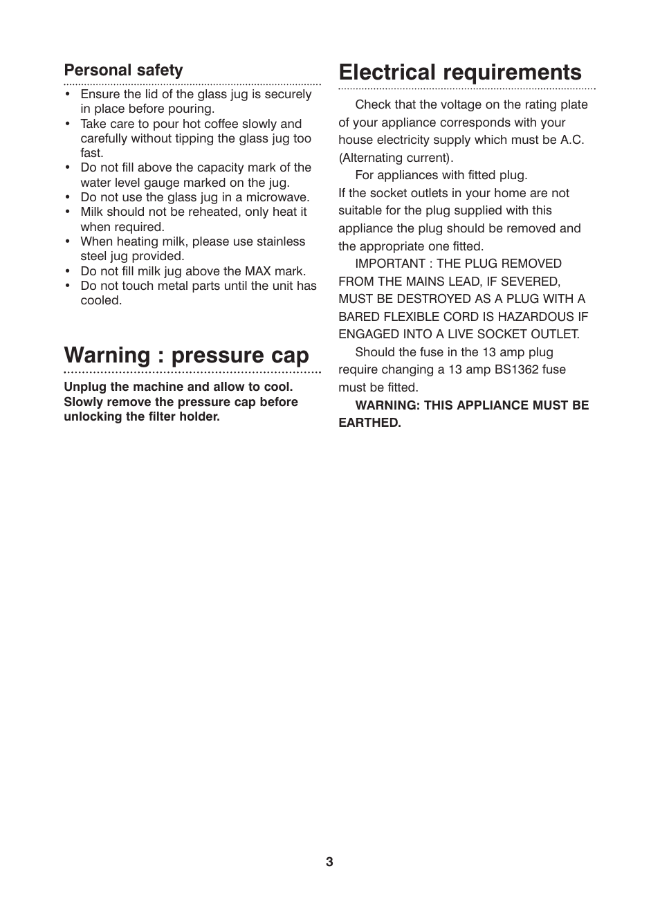 Warning : pressure cap, Electrical requirements, Personal safety | Morphy Richards Cafe Rico Espresso coffee maker User Manual | Page 3 / 10