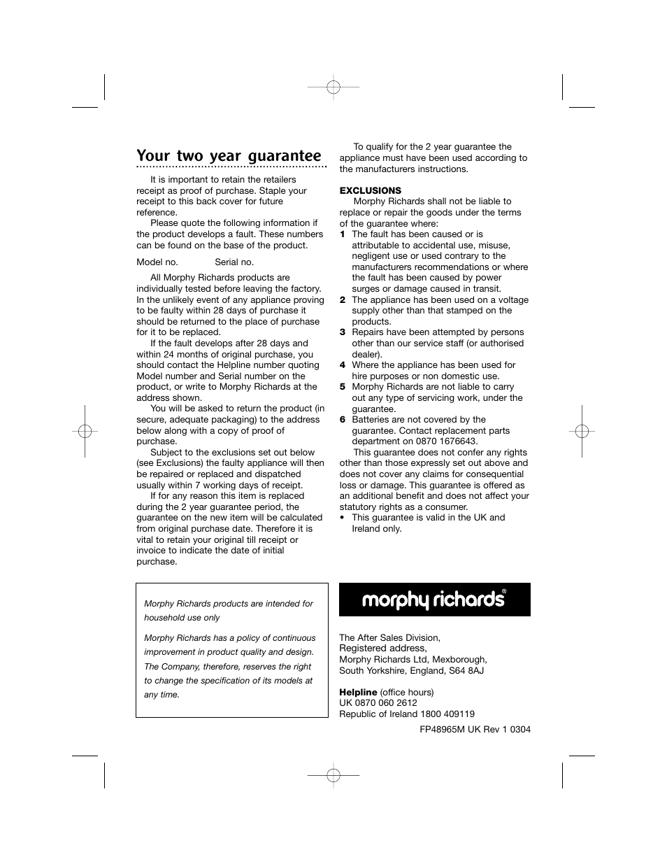 Your two year guarantee | Morphy Richards Cordless hand blender User Manual | Page 12 / 12