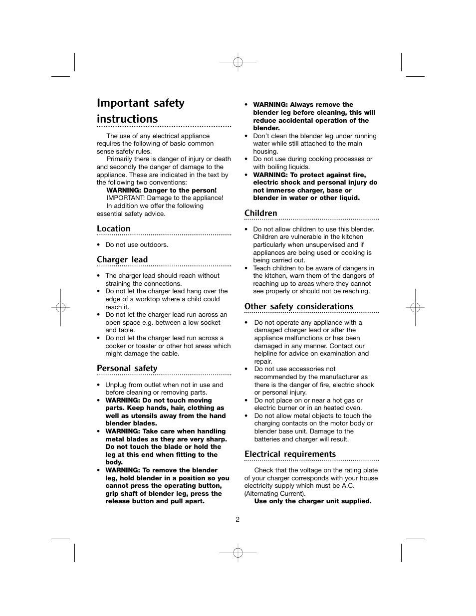 Important safety instructions, Location, Charger lead | Personal safety, Children, Other safety considerations, Electrical requirements | Morphy Richards Cordless hand blender User Manual | Page 2 / 12