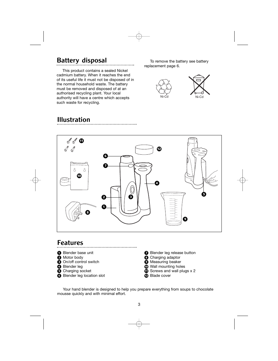 Battery disposal, Illustration features | Morphy Richards Cordless hand blender User Manual | Page 3 / 12