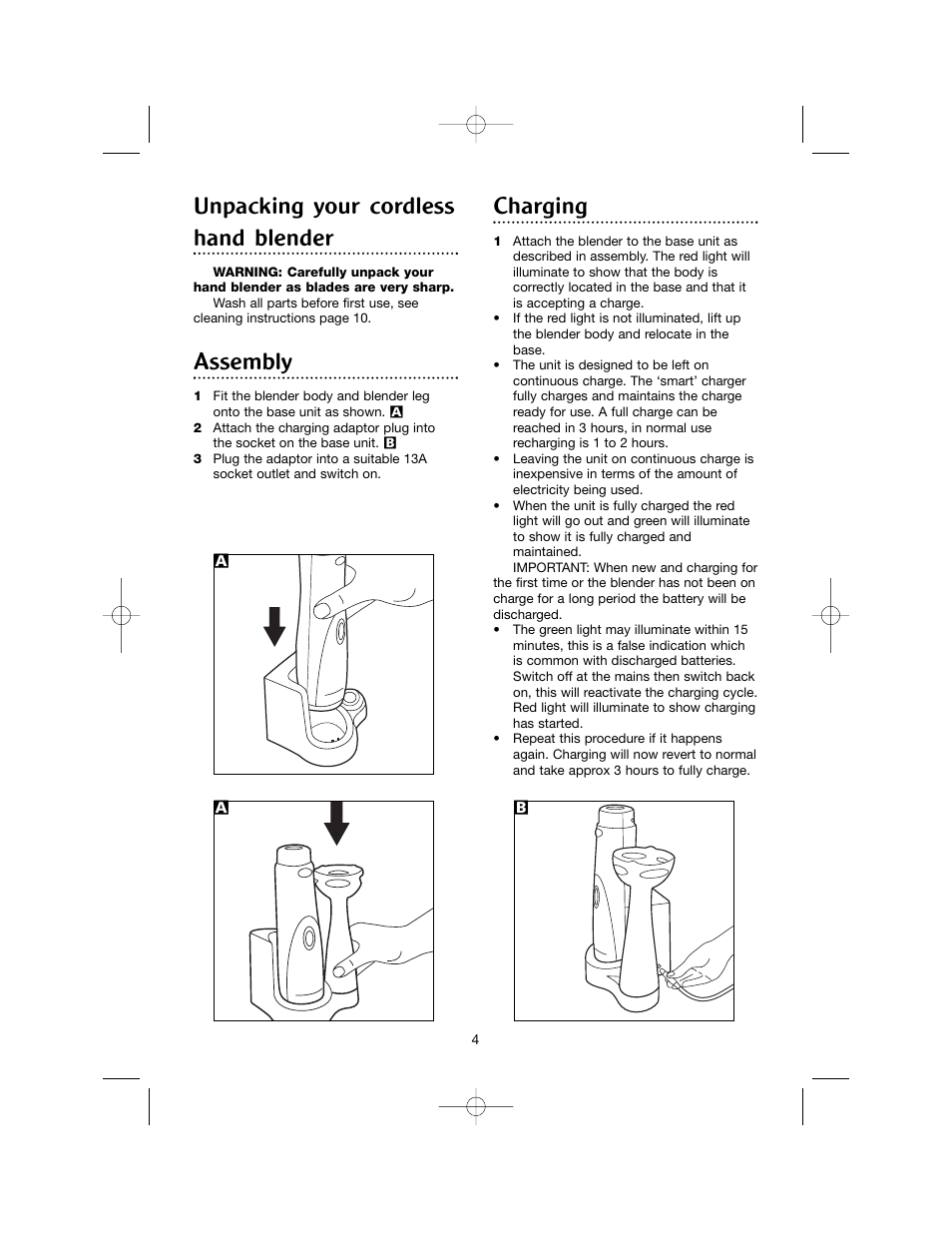 Unpacking your cordless hand blender, Assembly, Charging | Morphy Richards Cordless hand blender User Manual | Page 4 / 12