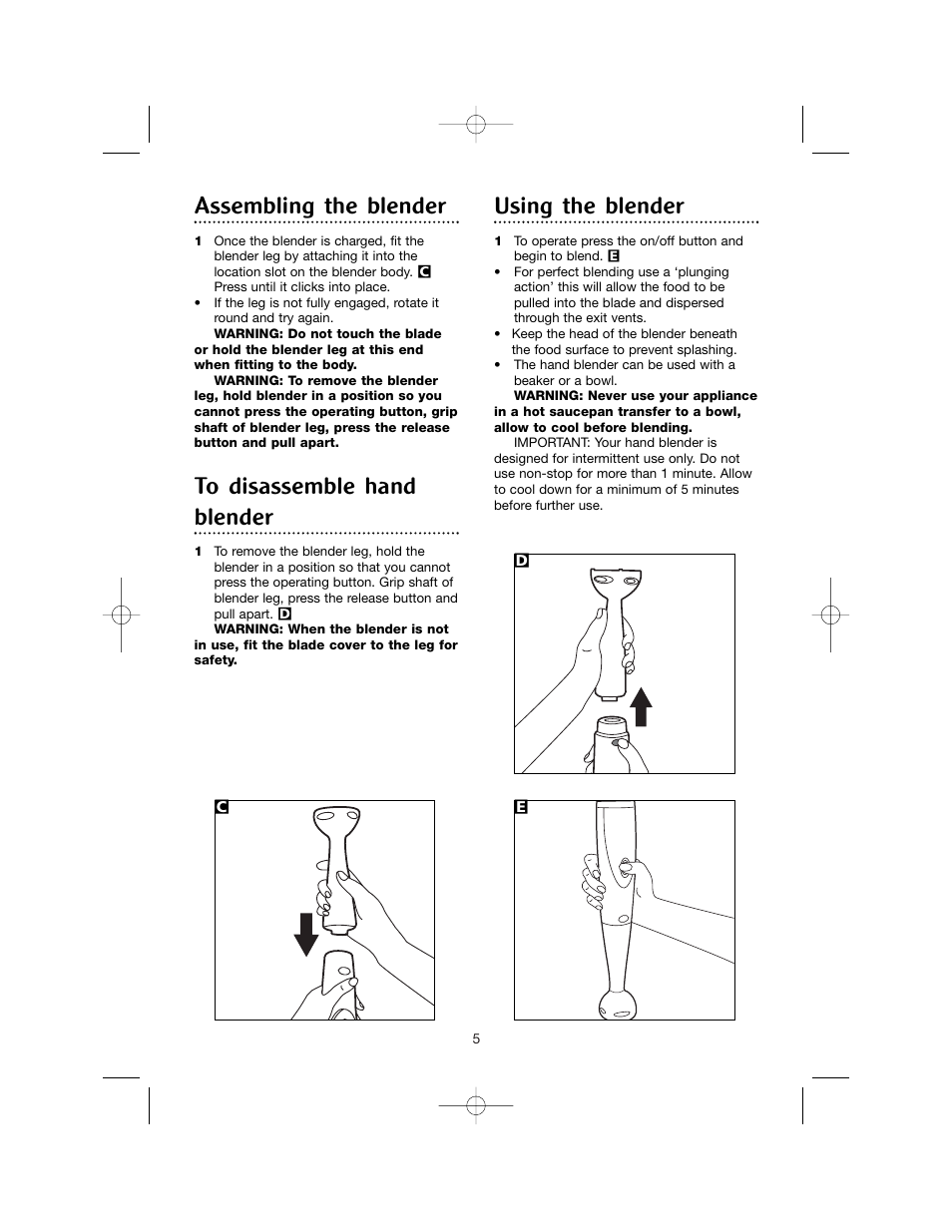 Assembling the blender, Using the blender | Morphy Richards Cordless hand blender User Manual | Page 5 / 12