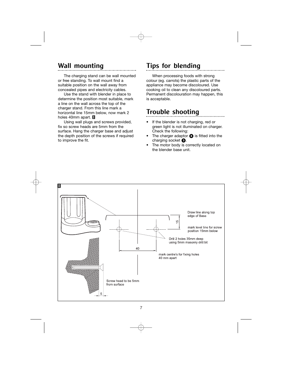 Wall mounting, Tips for blending, Trouble shooting | Morphy Richards Cordless hand blender User Manual | Page 7 / 12