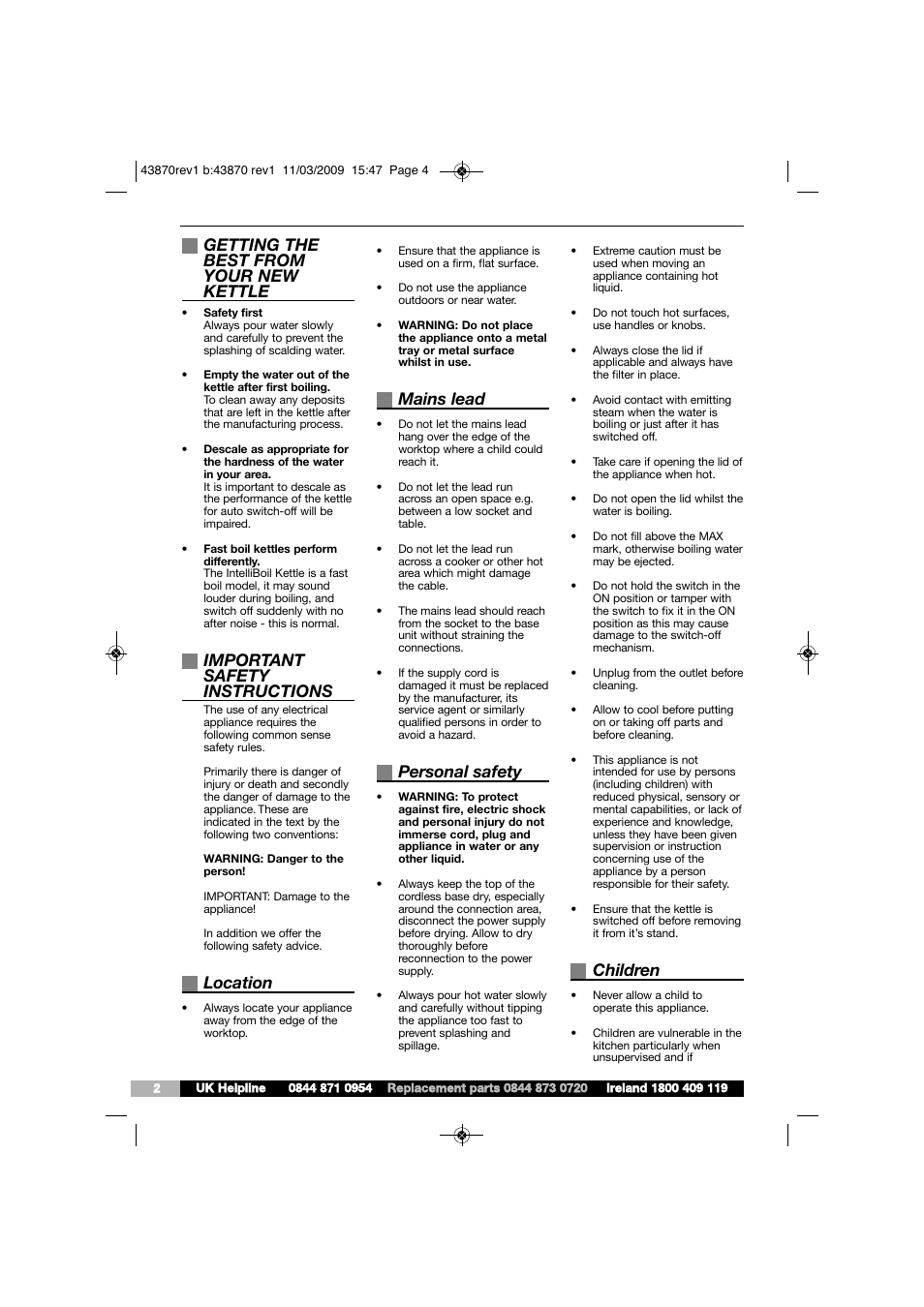 Getting the best from your new kettle, Important safety instructions, Location | Mains lead, Personal safety, Children | Morphy Richards INTELLIBOIL KT43870 User Manual | Page 2 / 6