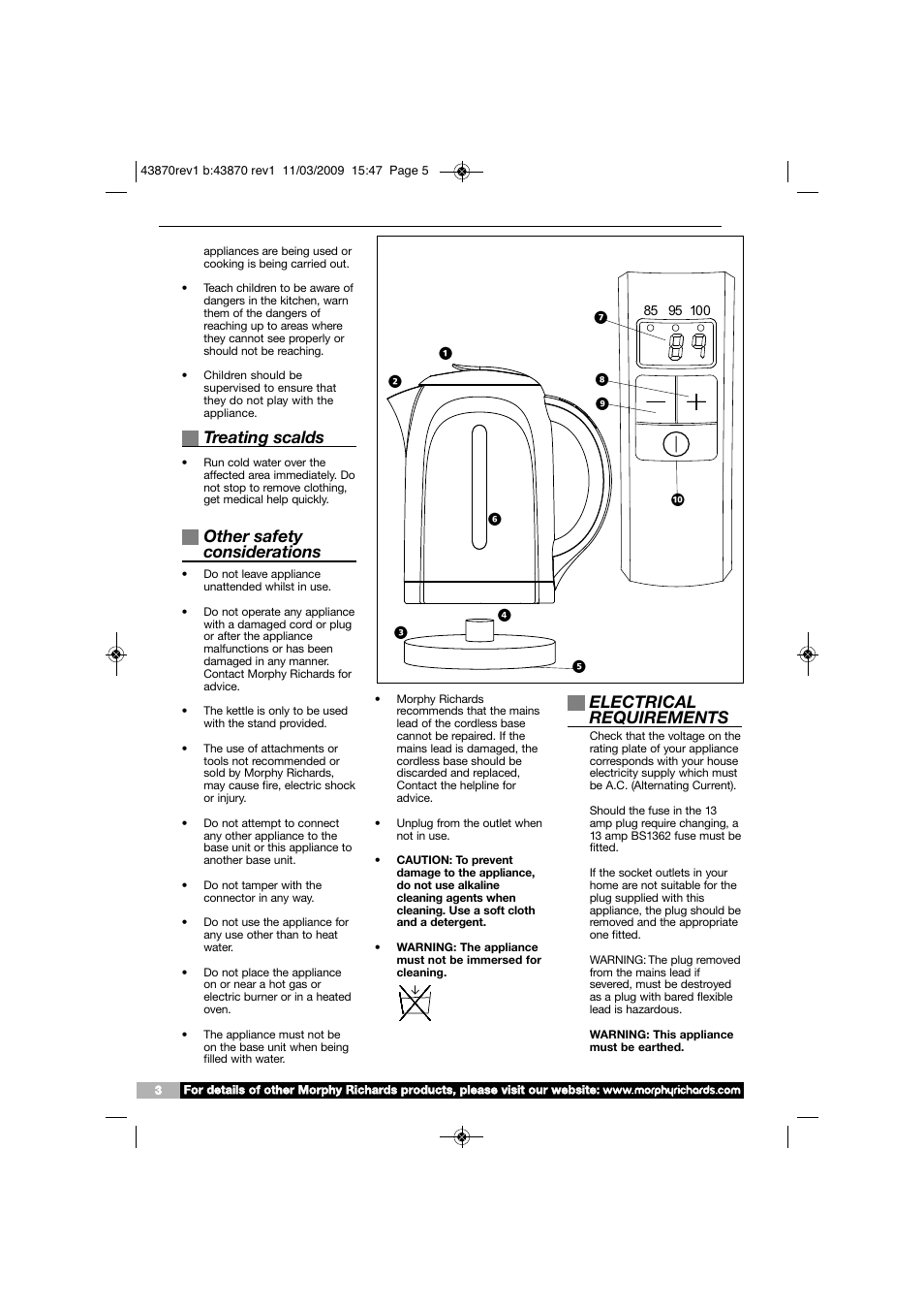 Treating scalds, Other safety considerations, Electrical requirements | Morphy Richards INTELLIBOIL KT43870 User Manual | Page 3 / 6