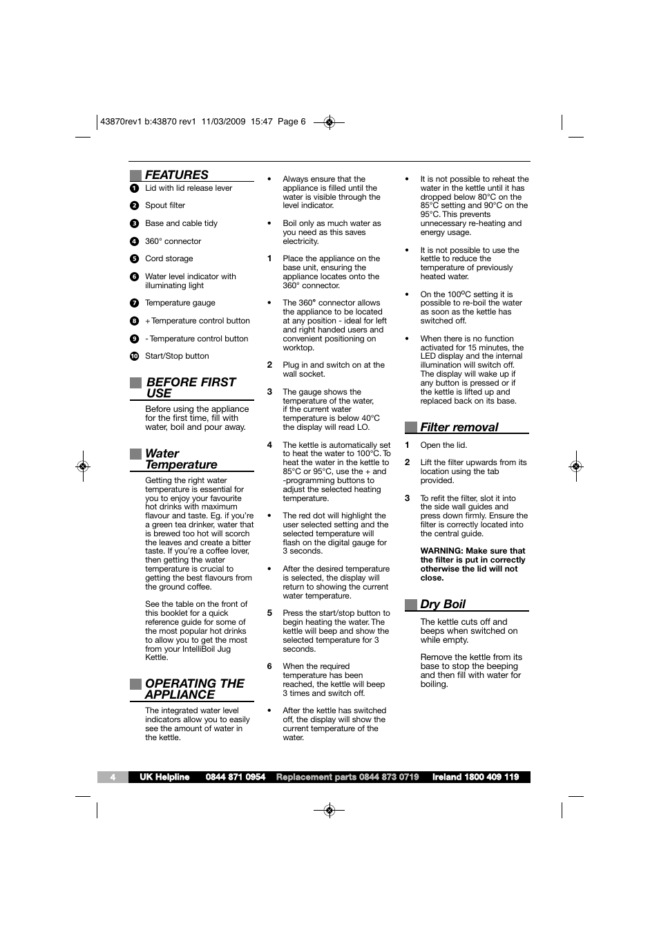 Features, Before first use, Water temperature | Operating the appliance, Filter removal, Dry boil | Morphy Richards INTELLIBOIL KT43870 User Manual | Page 4 / 6