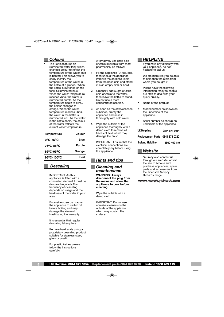 Colours, Descaling, Hints and tips cleaning and maintenance | Helpline, Website | Morphy Richards INTELLIBOIL KT43870 User Manual | Page 5 / 6