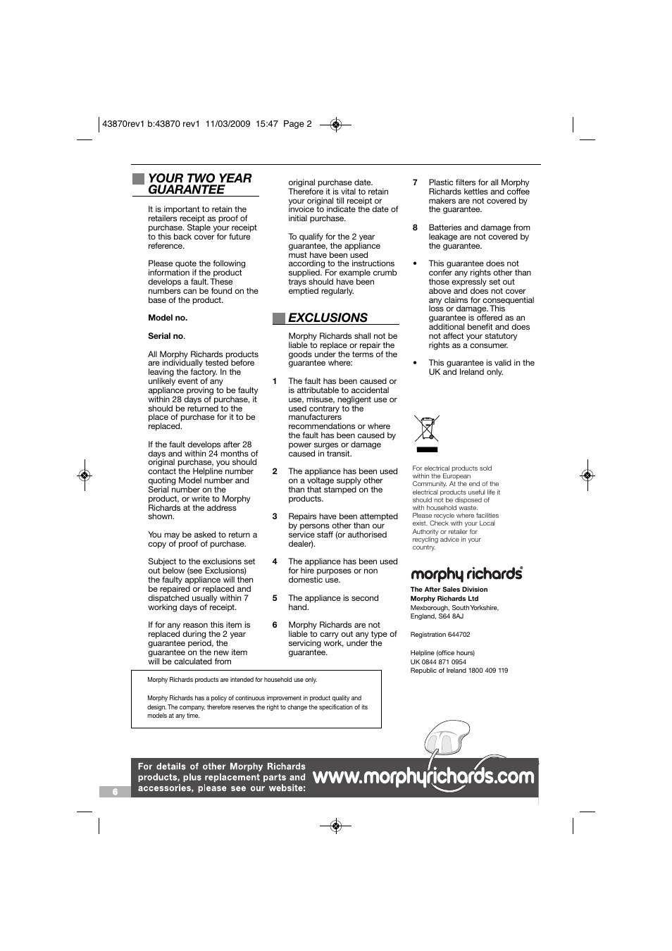 Your two year guarantee, Exclusions | Morphy Richards INTELLIBOIL KT43870 User Manual | Page 6 / 6