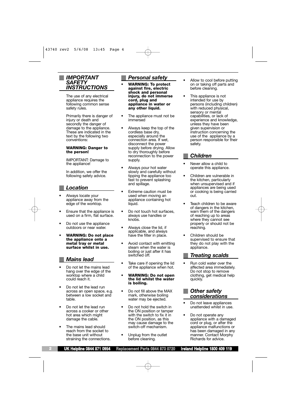 Important safety instructions, Location, Mains lead | Personal safety, Children, Treating scalds, Other safety considerations | Morphy Richards KT43740 User Manual | Page 4 / 6